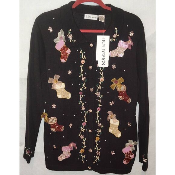 NWT Christmas/holiday Sweater Cardigan w Stockings Bows Golden vines buttons Siz - Picture 1 of 13